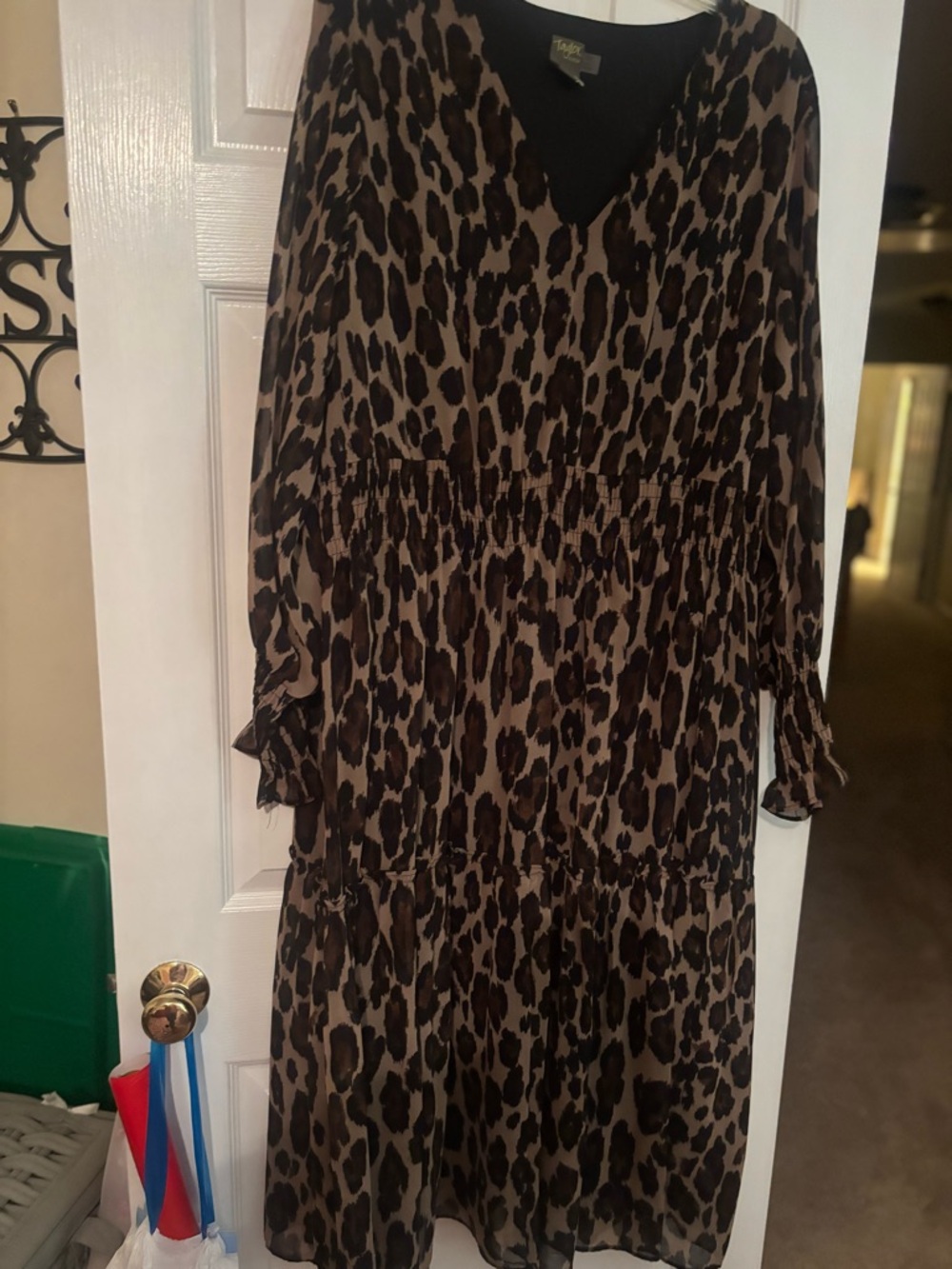 Long Sleeve Leopard Print Tiered Dress - Brown